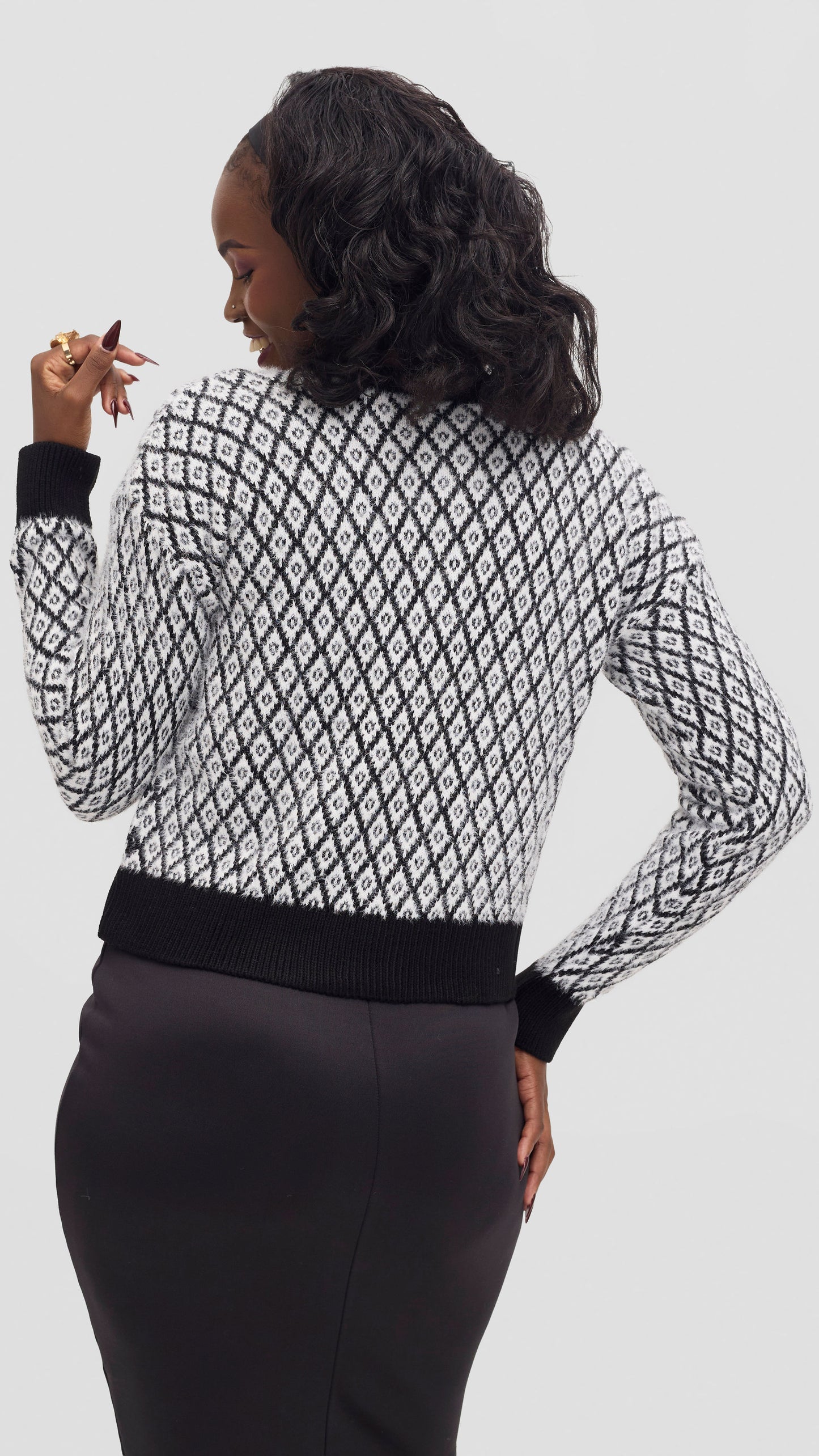 The Fashion Frenzy Black Trim Diamond Knit Cardigan - Black