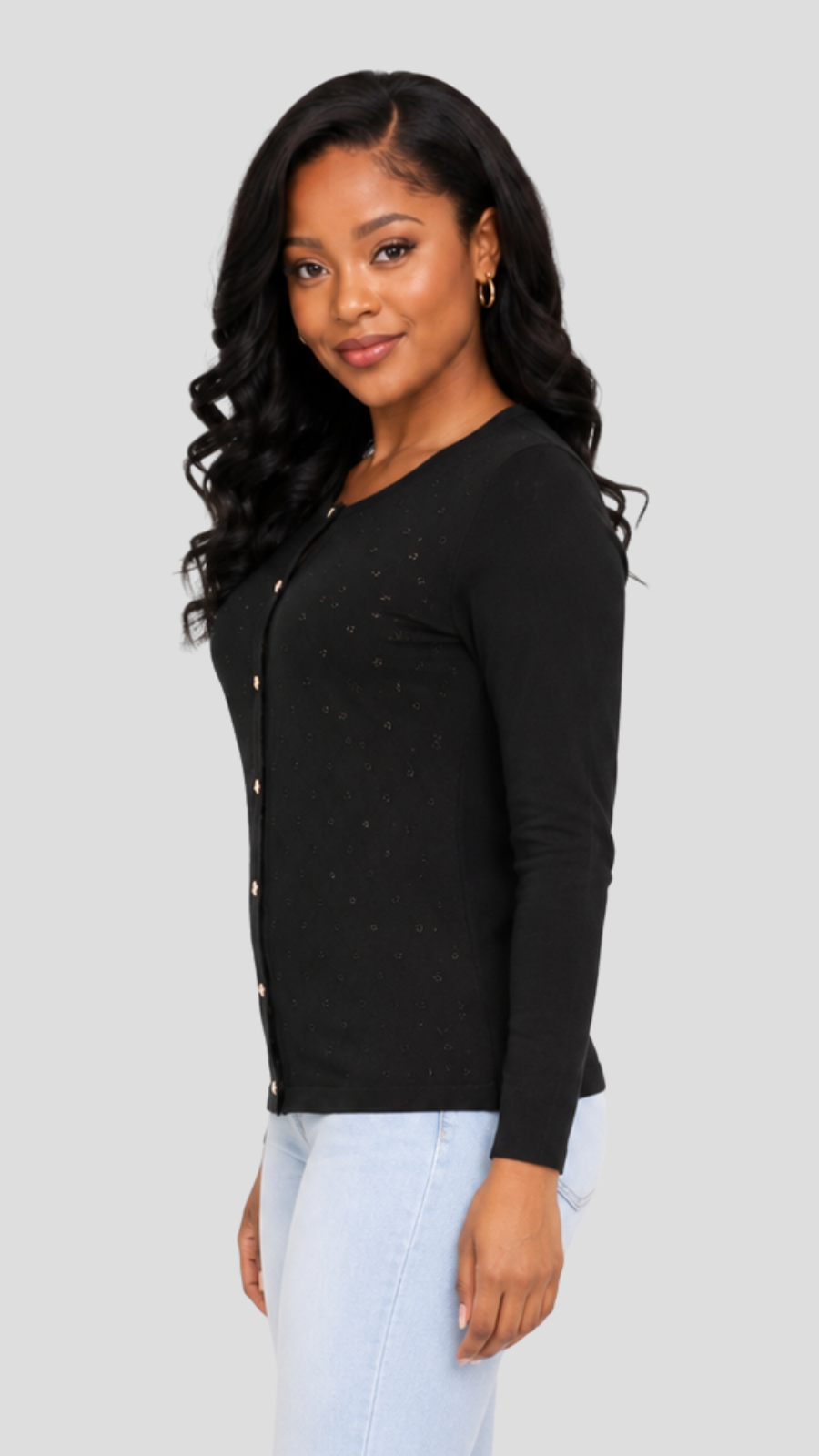 The Fashion Frenzy Pointelle Button-Through Knit Cardigan - Black