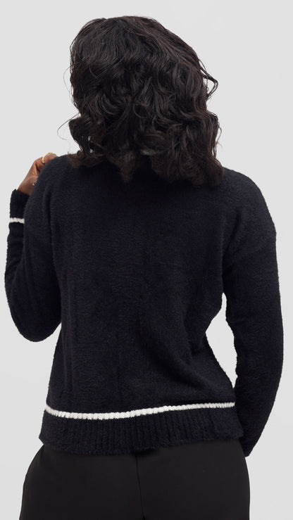 The Fashion Frenzy Black Contrast Trim Knit Cardigan - Black