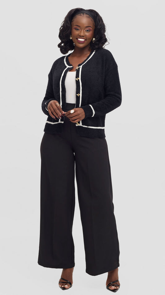 The Fashion Frenzy Black Contrast Trim Knit Cardigan - Black