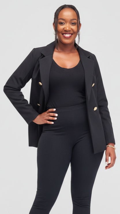 The Fashion Frenzy Elara Tailored Double-Button Blazer- Black