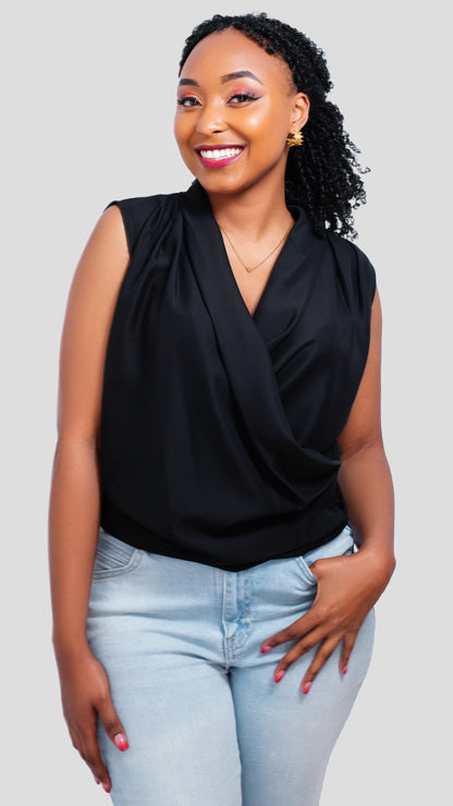 The Fashion Frenzy V-Neck Blouse Top - Black