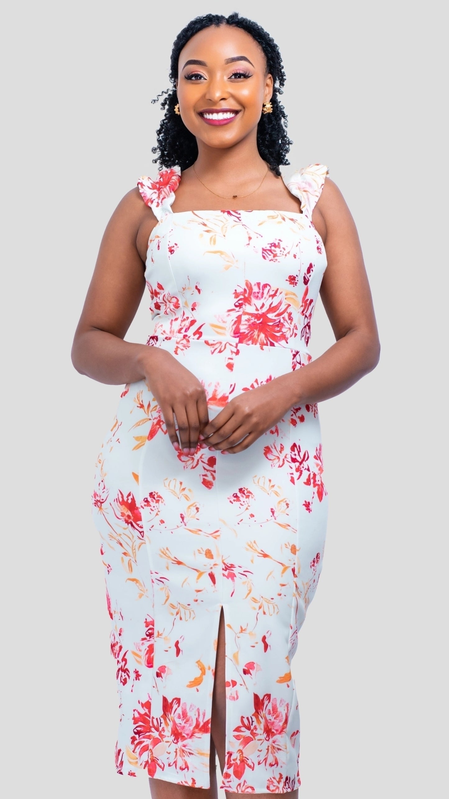 The Fashion Frenzy Safi Rose Front-Slit Midi Dress