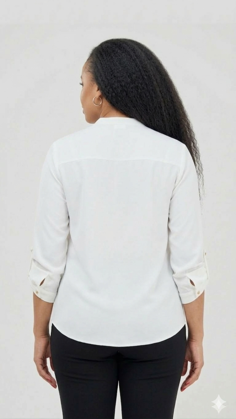 The Fashion Frenzy White Blue Notch Neck Blouse - White