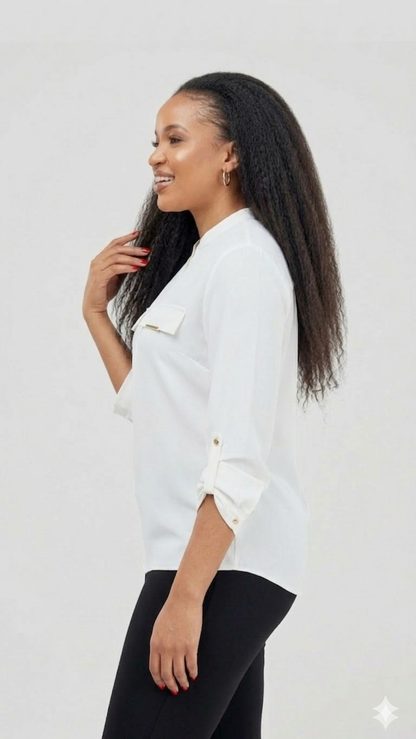 The Fashion Frenzy White Blue Notch Neck Blouse - White