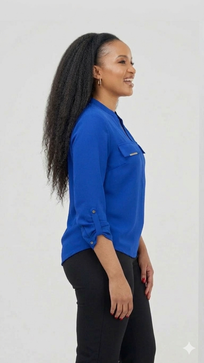 The Fashion Frenzy Blue Notch Neck Blouse - Blue