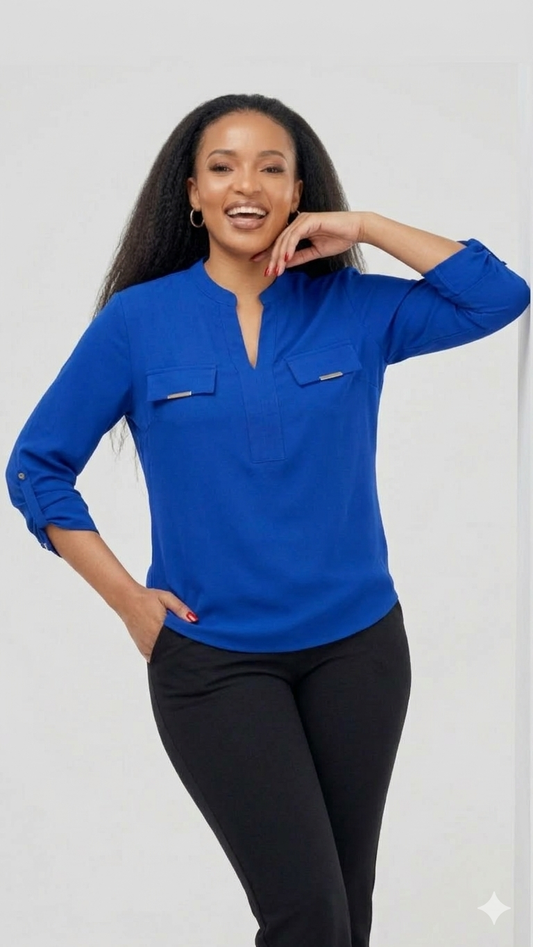 The Fashion Frenzy Blue Notch Neck Blouse - Blue