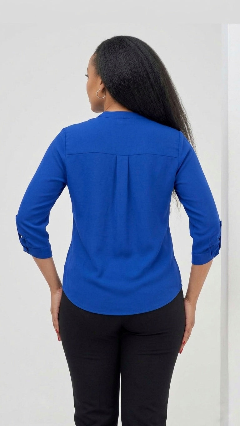 The Fashion Frenzy Blue Notch Neck Blouse - Blue