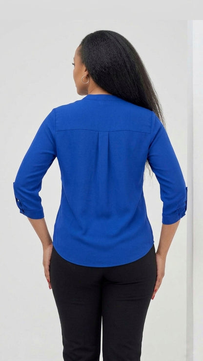 The Fashion Frenzy Blue Notch Neck Blouse - Blue