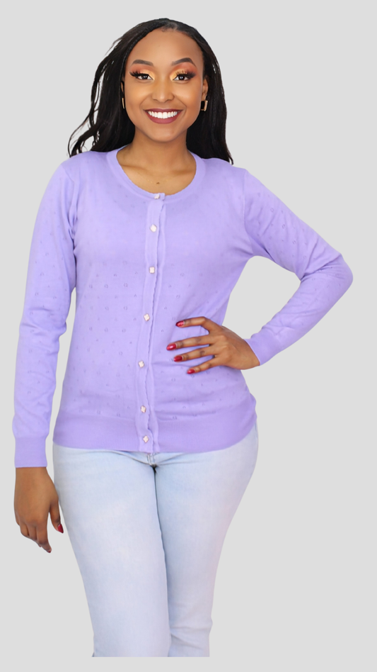 The Fashion Frenzy Pointelle Button-Through Knit Cardigan - Purple