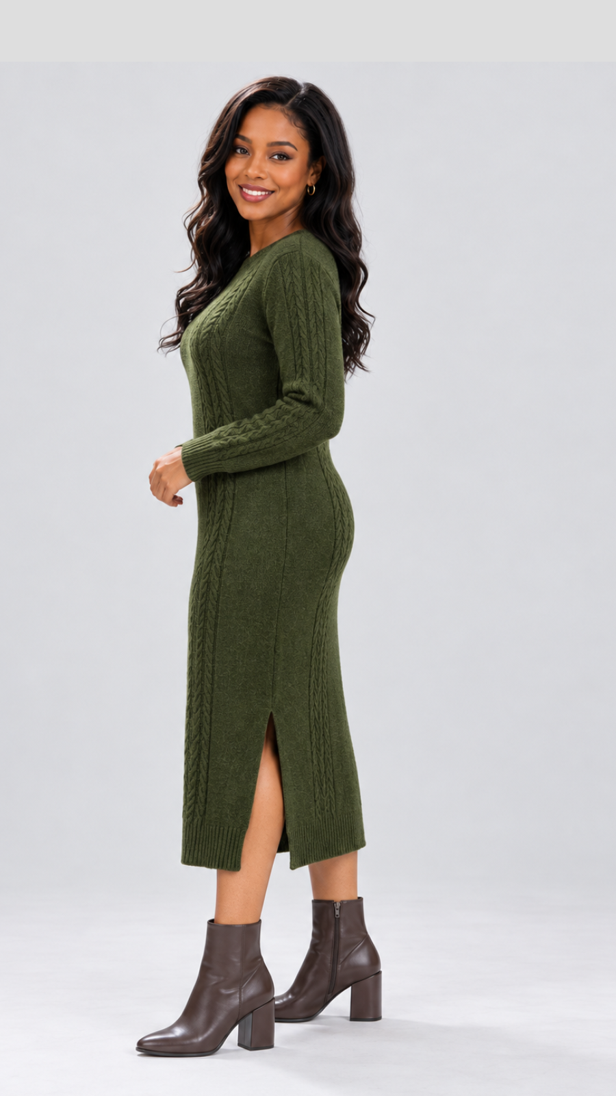 The Fashion Frenzy Cable Knit Sweater Midi Dress - Green