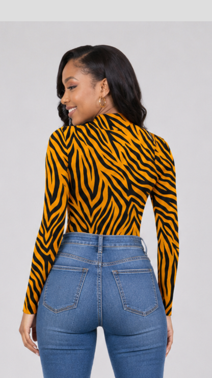 The Fashion Frenzy  Savannah Stripe High-Neck Bodysuit- Mustard