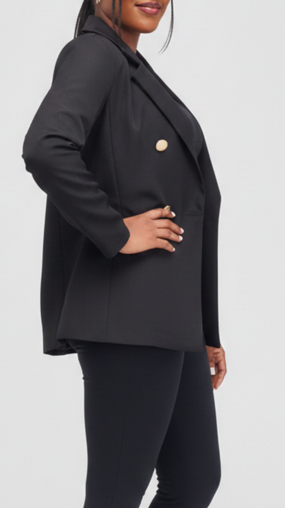 The Fashion Frenzy Elara Tailored Double-Button Blazer- Black