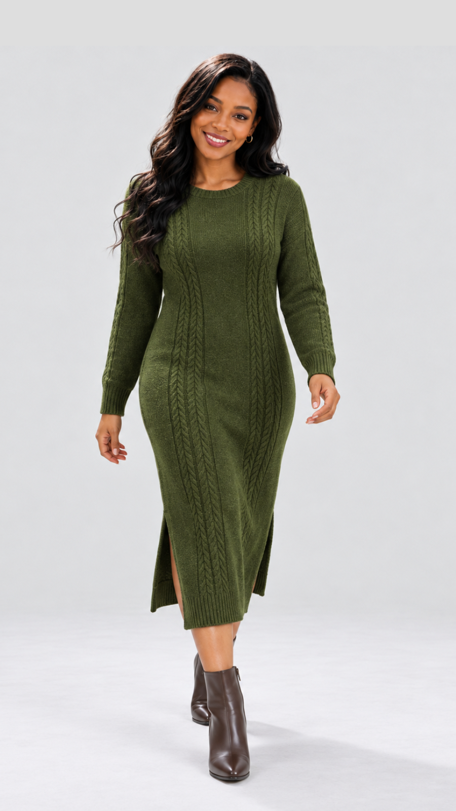 The Fashion Frenzy Cable Knit Sweater Midi Dress - Green