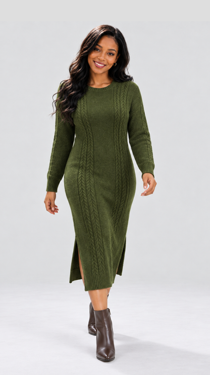 The Fashion Frenzy Cable Knit Sweater Midi Dress - Green
