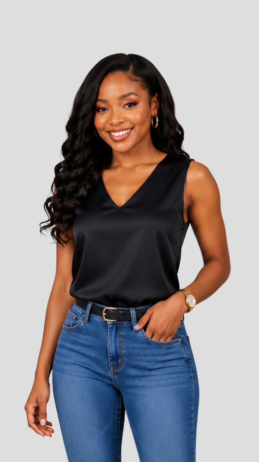 The Fashion FrenzySatin Sleeveless V-Neck Top - Black