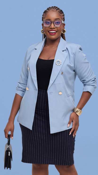 The Fashion Frenzy Elara Tailored Double-Button Blazer- Sky Blue