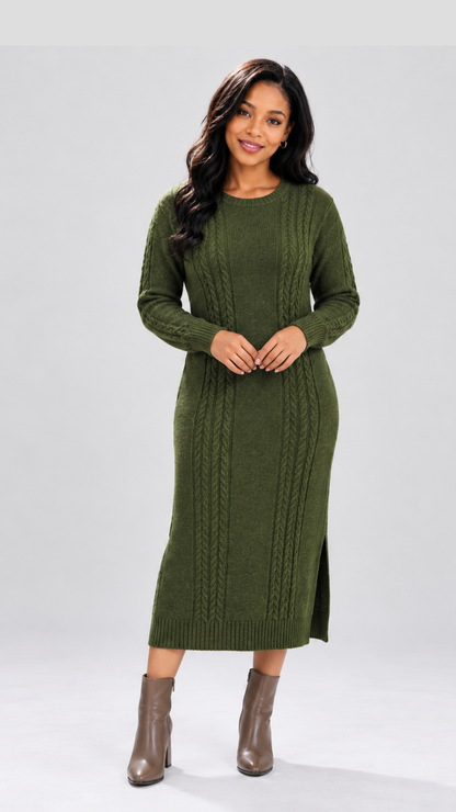 The Fashion Frenzy Cable Knit Sweater Midi Dress - Green