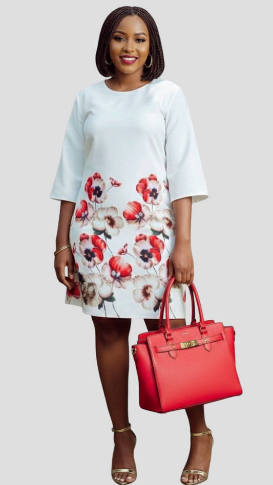 The Fashion Frenzy Floral Border Shift Dress – White