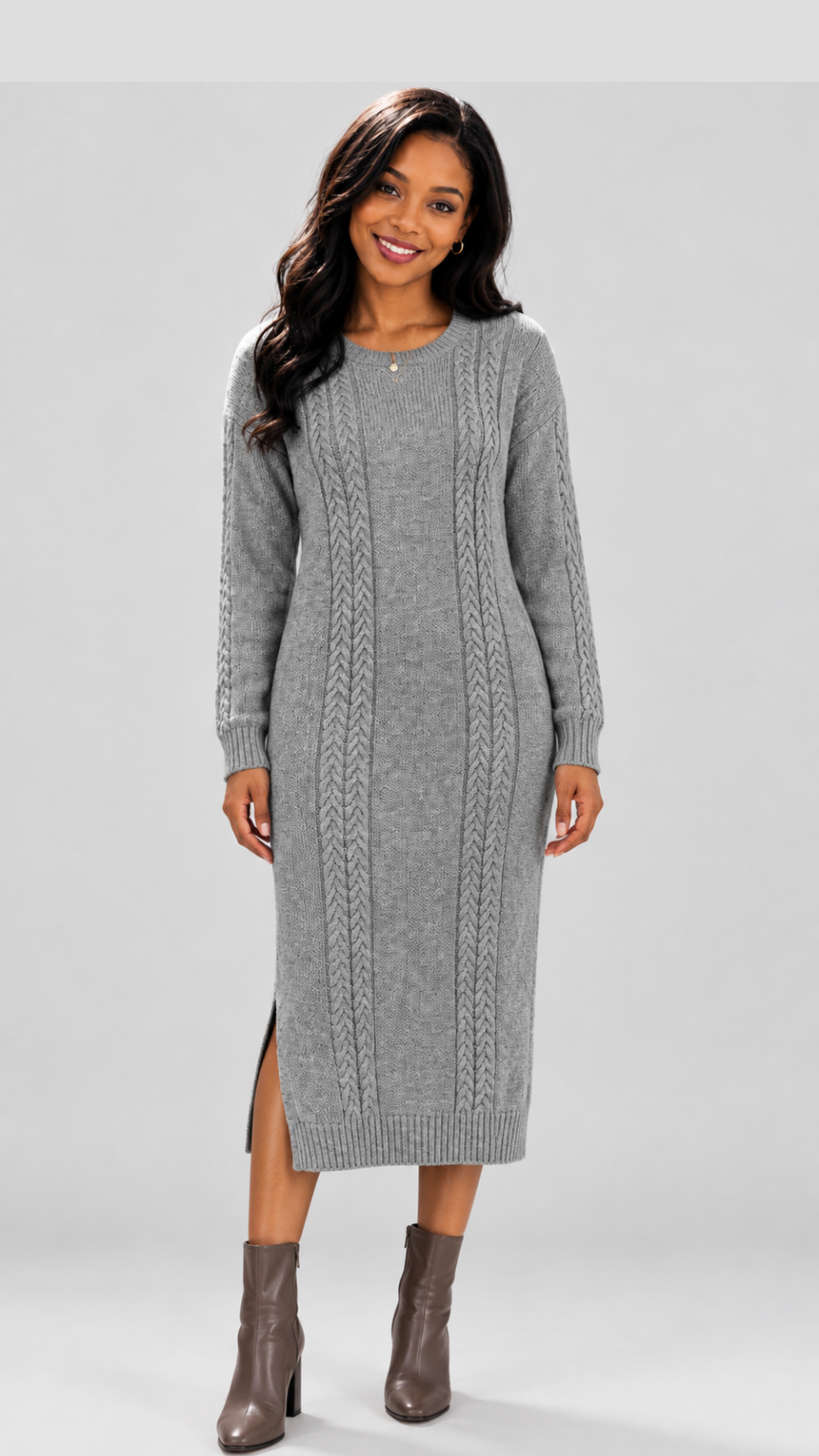The Fashion Frenzy Cable Knit Sweater Midi Dress - Grey