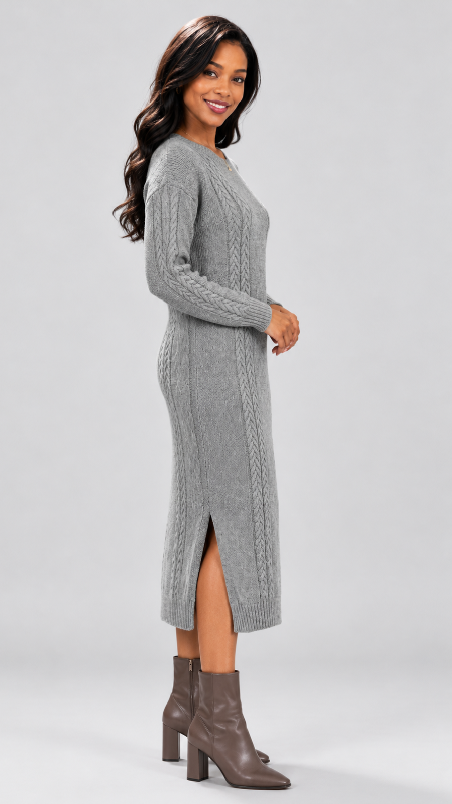 The Fashion Frenzy Cable Knit Sweater Midi Dress - Grey