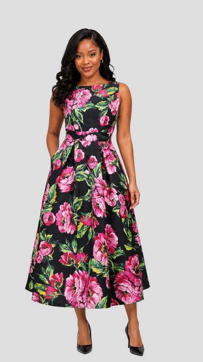 The Fashion Frenzy  Noir Rose Garden Midi Dress - Black