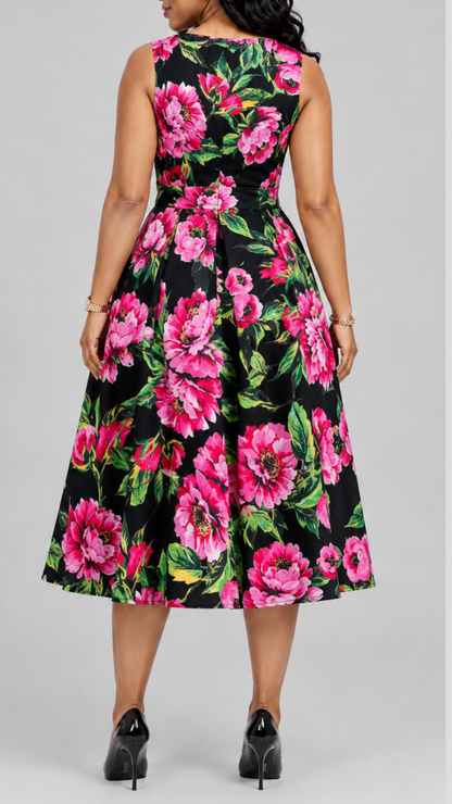 The Fashion Frenzy  Noir Rose Garden Midi Dress - Black