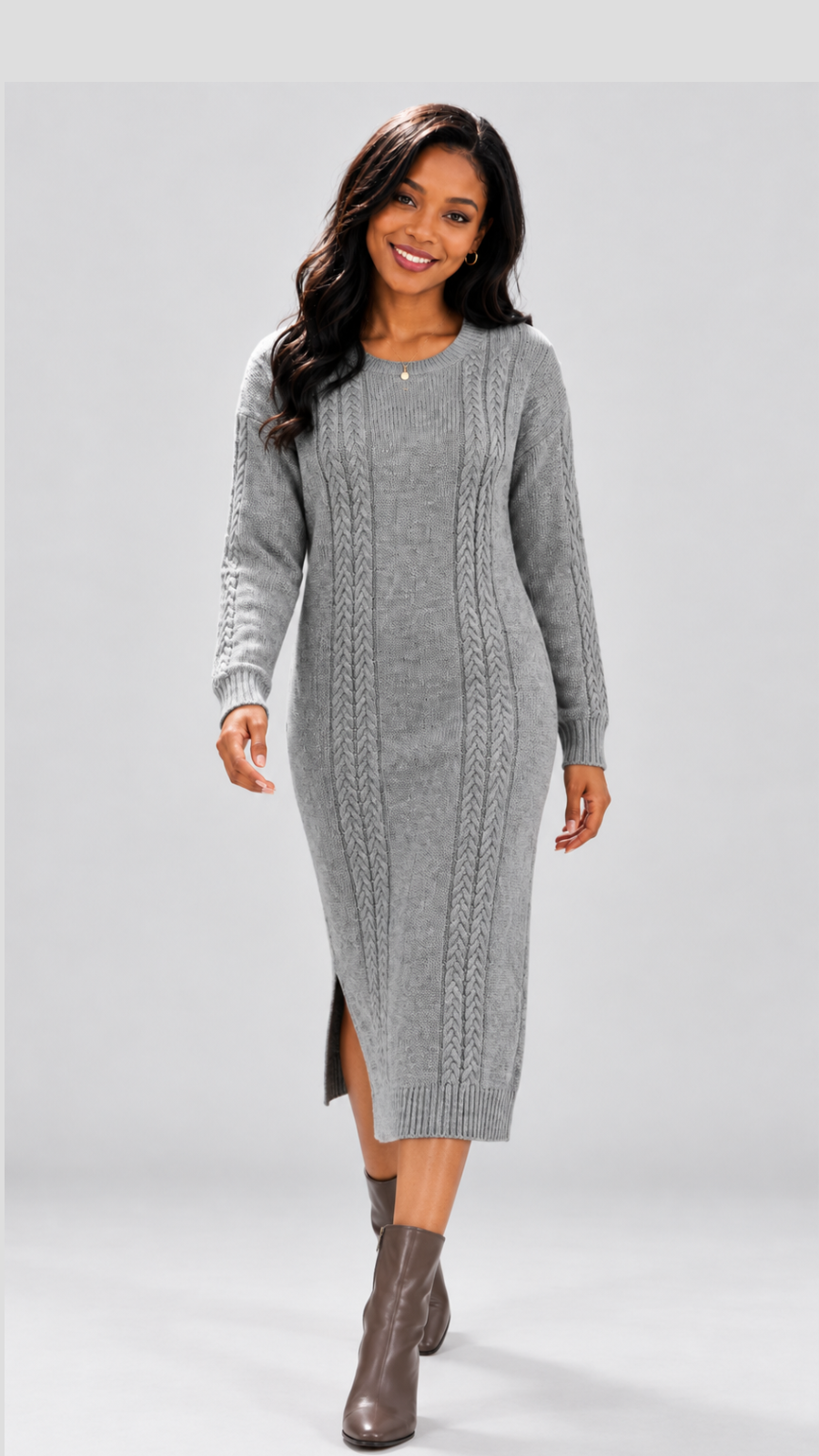 The Fashion Frenzy Cable Knit Sweater Midi Dress - Grey