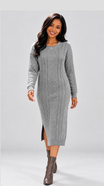 The Fashion Frenzy Cable Knit Sweater Midi Dress - Grey