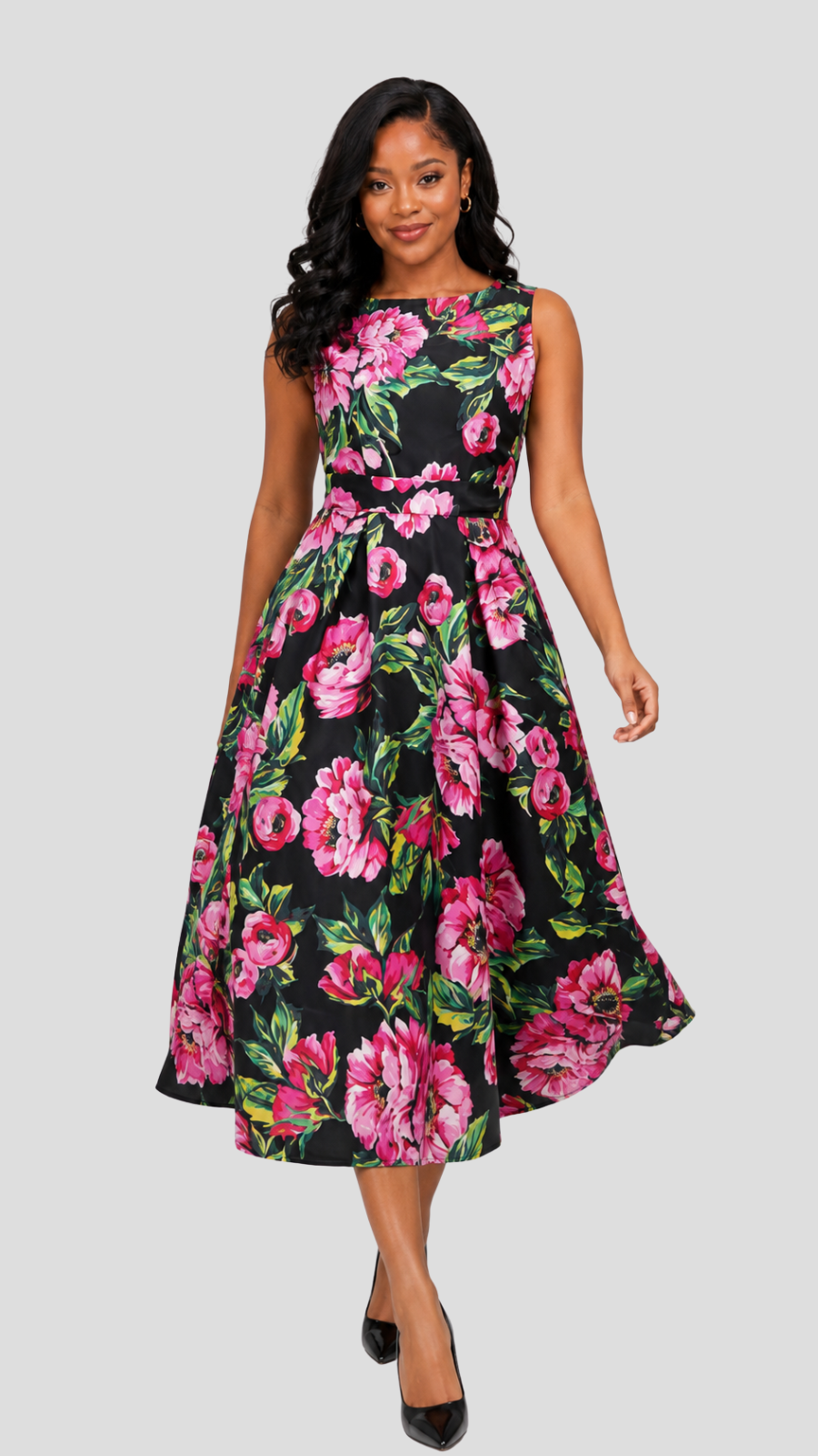 The Fashion Frenzy  Noir Rose Garden Midi Dress - Black