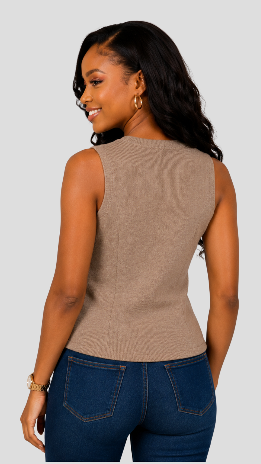 The Fashion Frenzy Tailored Sleeveless Knit Vest Top - Khaki