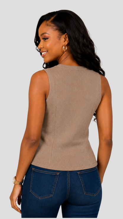 The Fashion Frenzy Tailored Sleeveless Knit Vest Top - Khaki
