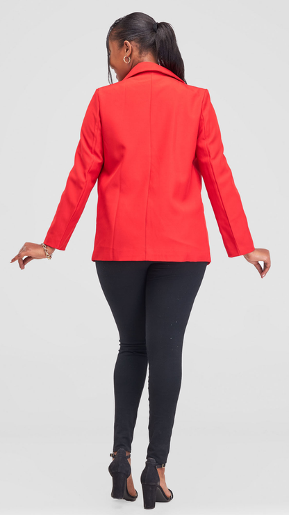 The Fashion Frenzy Elara Tailored Double-Button Blazer- Red