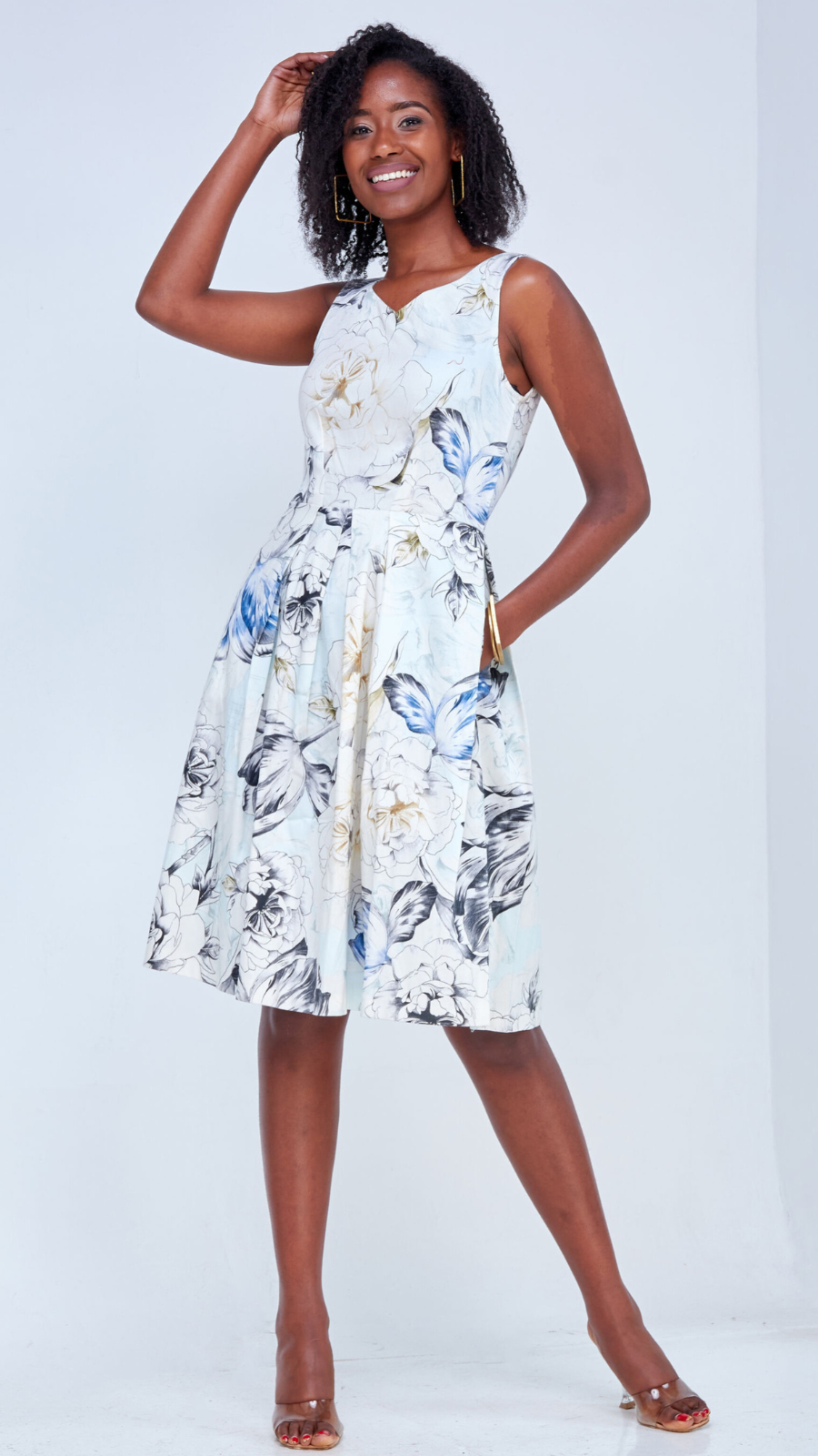 The Fashion Frenzy Floral Skater - Cream Floral Blue