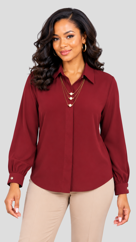 Estelle Pearl-Detail Blouse - Burgundy