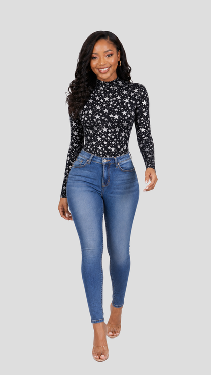 The Fashion Frenzy Square-Neck Bodysuit - Black & White Star Print