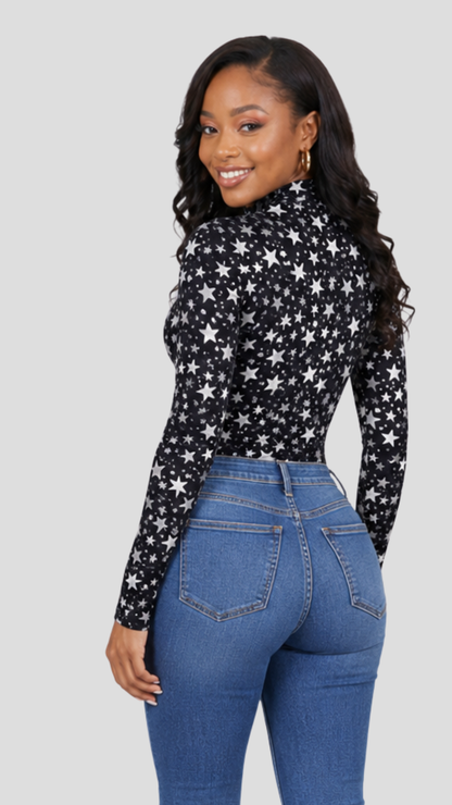 The Fashion Frenzy Square-Neck Bodysuit - Black & White Star Print