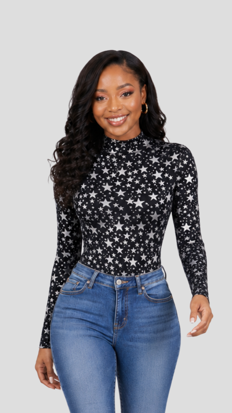 The Fashion Frenzy Square-Neck Bodysuit - Black & White Star Print