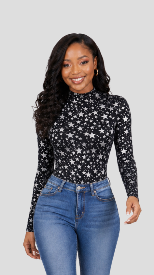 The Fashion Frenzy Square-Neck Bodysuit - Black & White Star Print