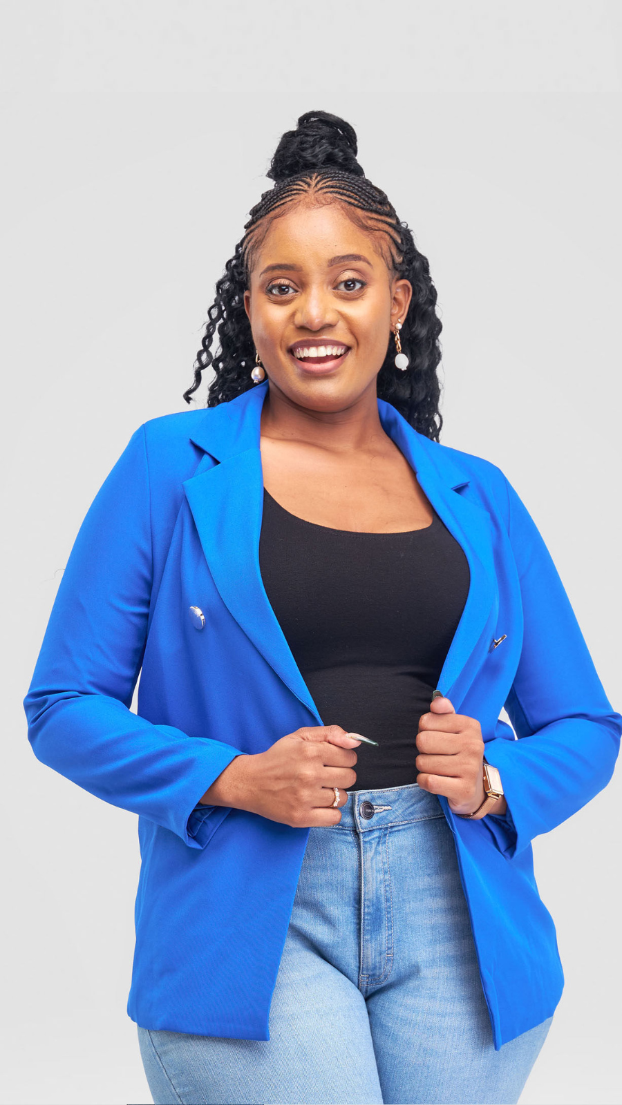 The Fashion Frenzy Elara Tailored Double-Button Blazer- Blue