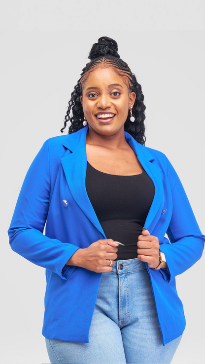 The Fashion Frenzy Elara Tailored Double-Button Blazer- Blue