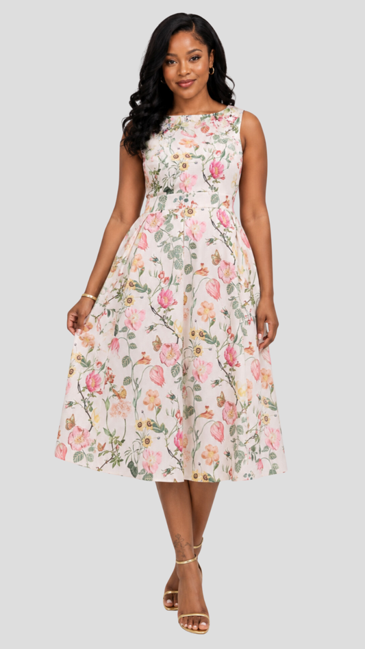 The Fashion Frenzy  Liora Garden Midi Dress - Cream