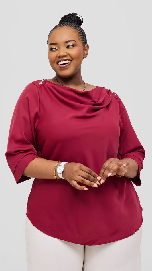 The Fashion Frenzy Crimson Grace Draped Blouse Top - Maroon