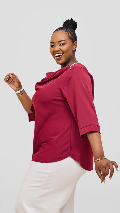 The Fashion Frenzy Crimson Grace Draped Blouse Top - Maroon