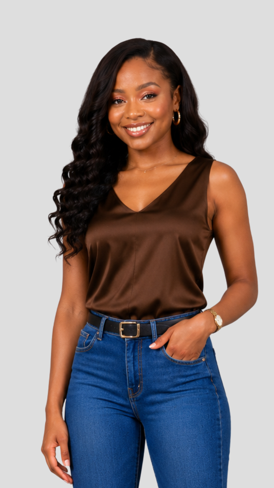 The Fashion Frenzy Lace Trim Sleeveless Top – Brown