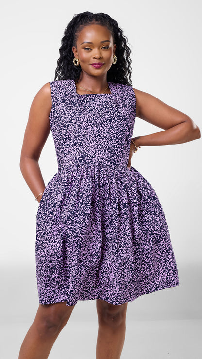 The Fashion Frenzy Amani Cotton Box Neck Dress - Purple