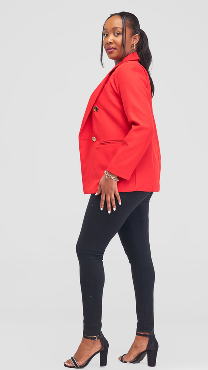 The Fashion Frenzy Elara Tailored Double-Button Blazer- Red