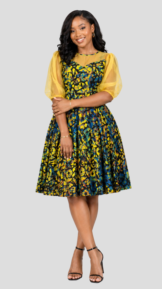 The Fashion Frenzy Neema Puff Sleeve Dress - Yellow Print