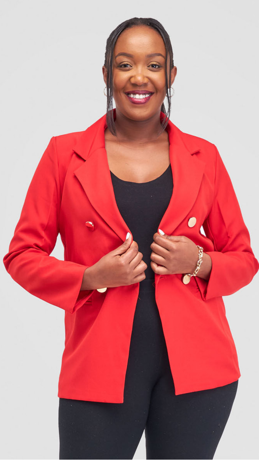 The Fashion Frenzy Elara Tailored Double-Button Blazer- Red