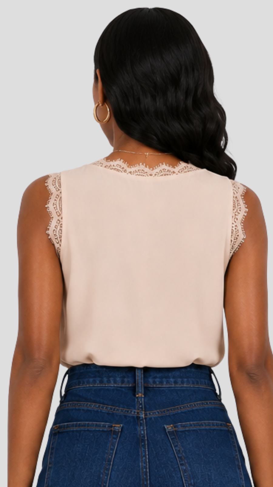 The Fashion Frenzy Lace Trim Sleeveless Top – Beige